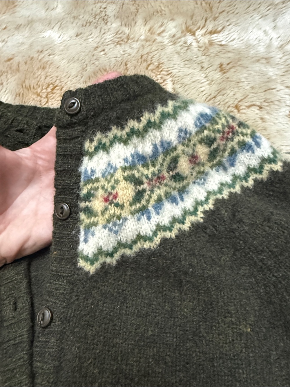 Abercrombie & Fitch Vintage Dark Olive Fair Isle Yoke Cardigan - Picture 4 of 8